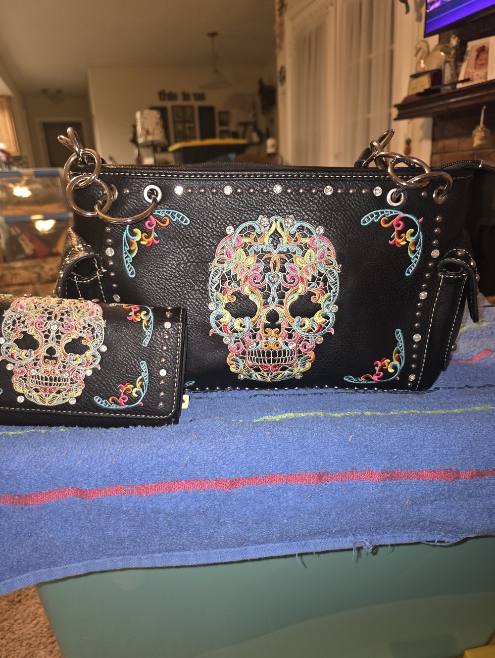 Montana West Black Leather Shoulder Bag with Multicolor Sugar Skull Embroidery